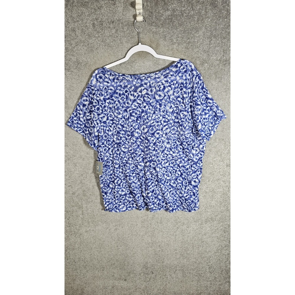Relativity Sheer Top Womens Size 2X Blue White Floral V-Neck Short Sleeve New - Picture 2 of 9
